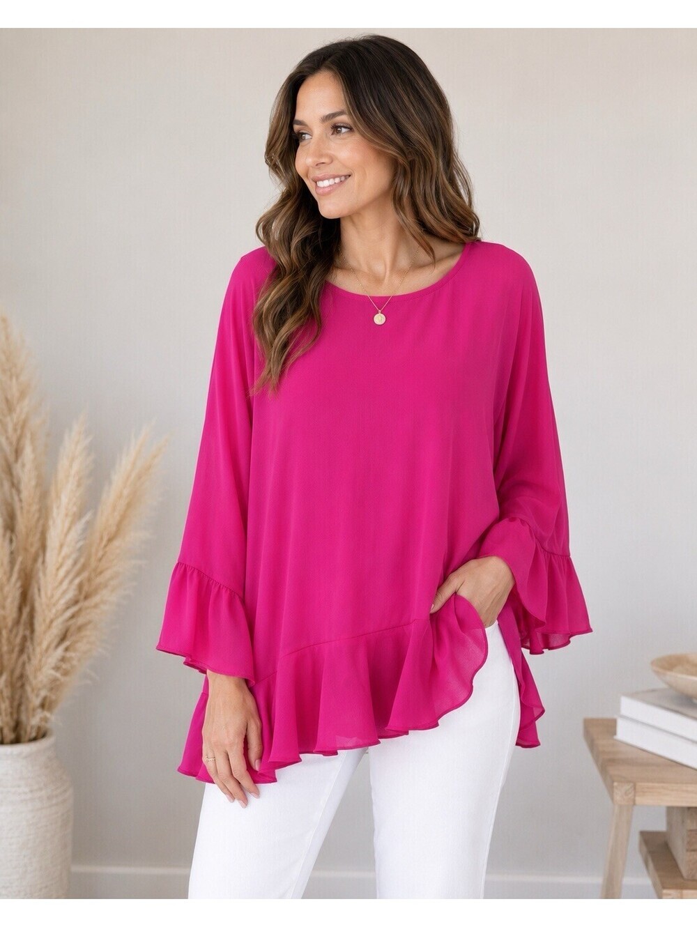 COCO BIANCO Fuchsia Tunic Blouse Women’s XL Ruffle Hem Bell Sleeve Chiffon